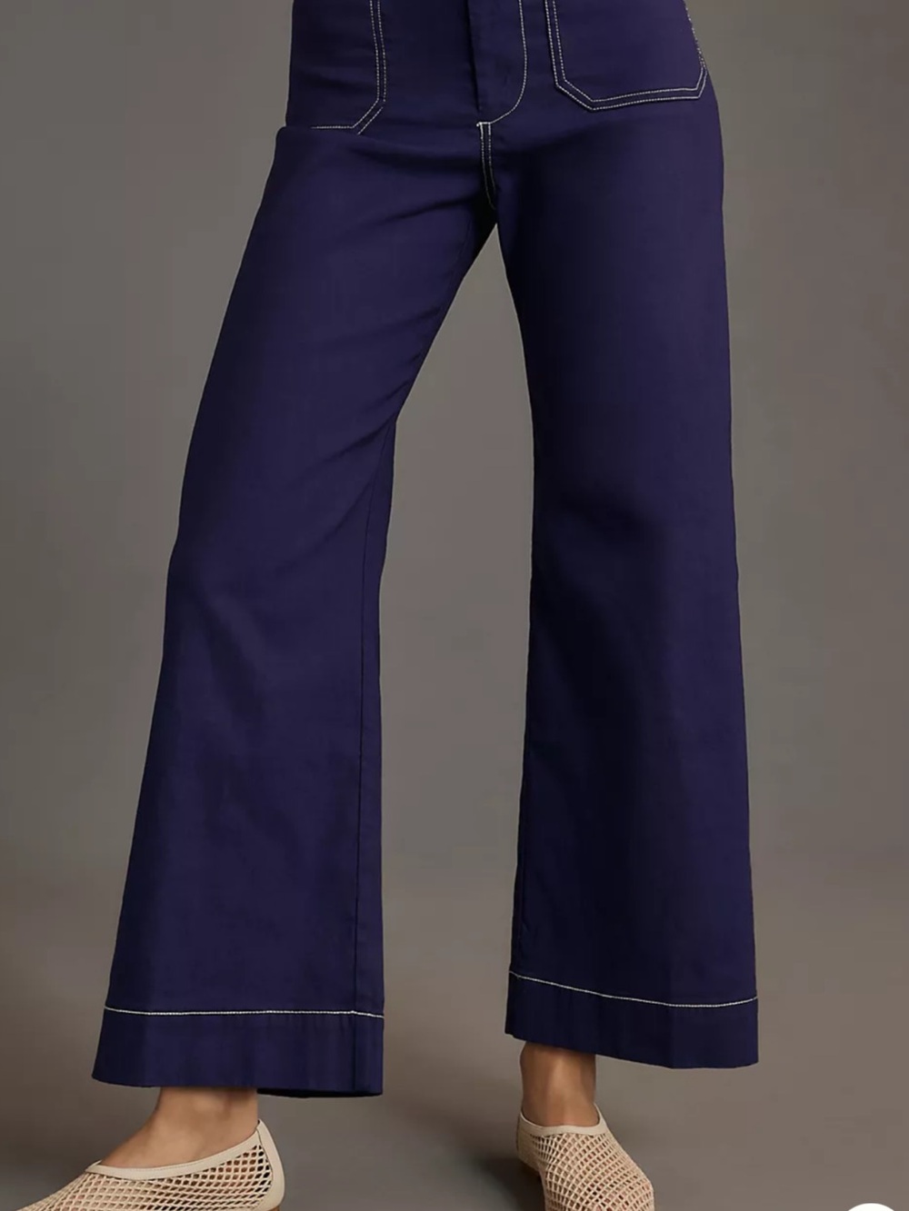 Maeve Wide Leg Flare “The Collette” Mid Rise Jeans in Navy contrast stitching - Picture 2 of 7